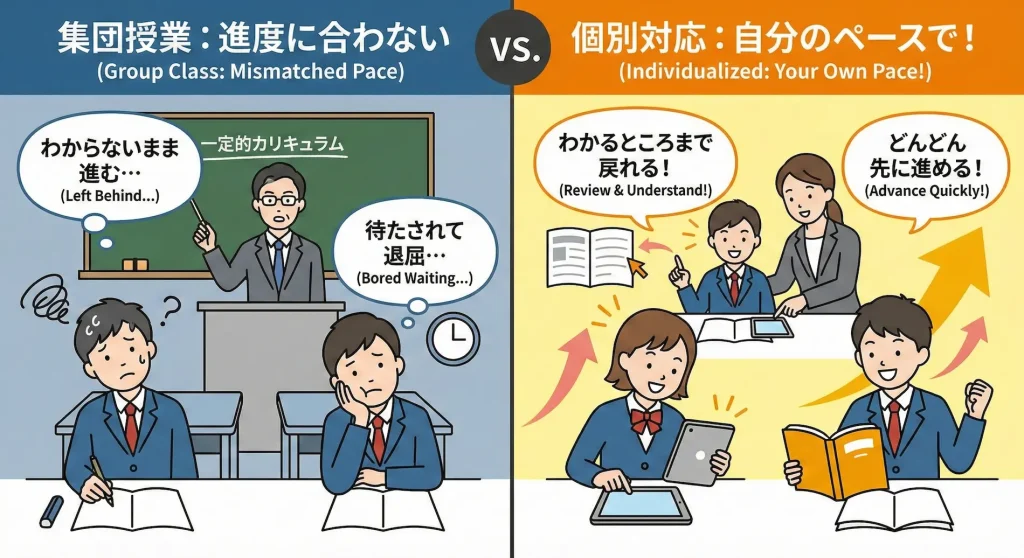 集団授業と個別指導の学習ペースの違いを比較したイラスト図。左側は「集団授業：進度に合わない」として、わからないまま進んだり待たされて退屈する生徒の様子。右側は「個別対応：自分のペースで！」として、理解度に合わせて復習や先取り学習ができ、生き生きと成長する生徒の様子が描かれている。