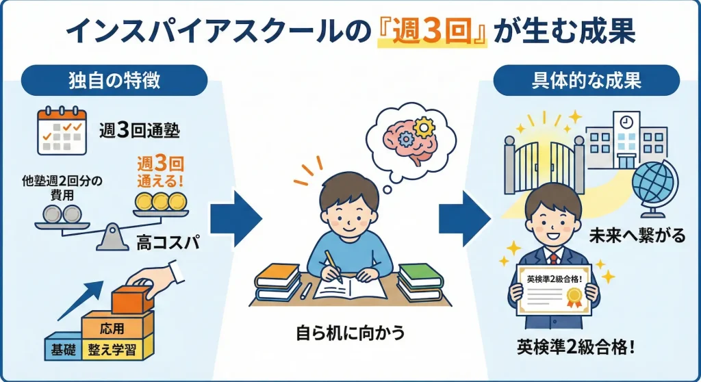 インスパイアスクールの『週3回』通塾がもたらす成果の解説図。他塾週2回分の費用で通える高コスパな『整え学習』により、子供が自発的に勉強するようになり、小学生での英検準2級合格などの具体的な成果につながる流れをイラストで示している。