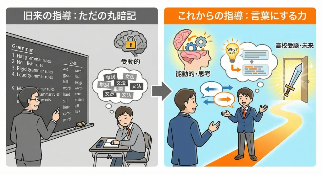 単語や文法の丸暗記中心の「旧来の指導」と、思考力と言語化能力を育てる「これからの指導：言葉にする力」の比較イラスト図。受動的な学習と、対話を通じて「なぜ？」と能動的に考え、高校受験や未来を切り拓く武器（力）を身につける様子の違いを表現している。