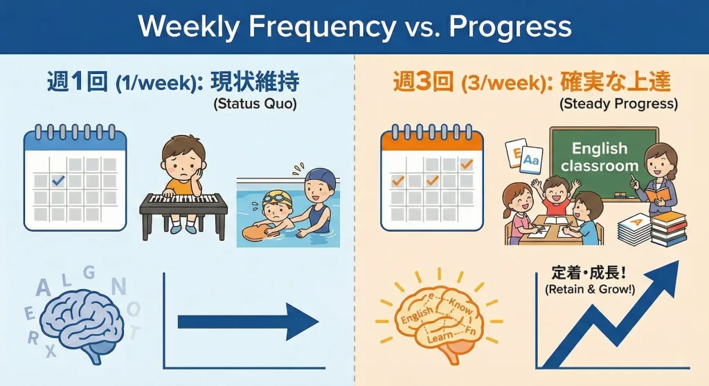 英語学習の頻度と上達度の比較図。左側は「週1回」で現状維持や内容を忘れてしまう様子、右側は「週3回」で知識が定着し確実に英語力が成長する様子を示すイラストと右肩上がりのグラフ。